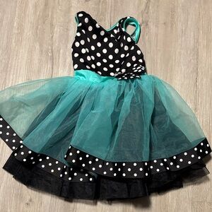 Polka Dot Teal and Black Kids Dance Costume Dress
